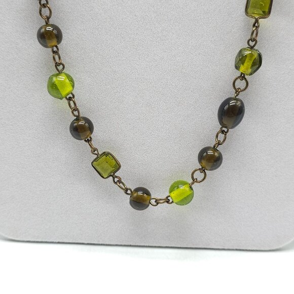 Green Brown Glass Bead Long Necklace With Bronze Chain And Lobster Clasp - Picture 2 of 6